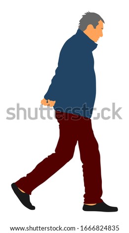 Senior person walking with hands on back vector illustration isolated on white background. Old man worried, thinking about problem. Mature people active life. Grandfather outdoor in autumn jacket.