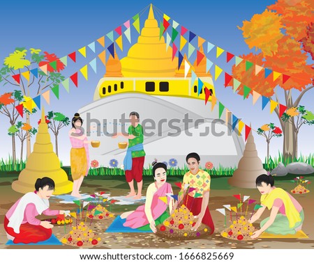 people make beautiful sand pagoda in temple on Songkran festival,Merit making traditions vector design