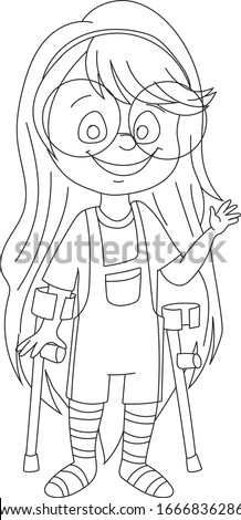 A girl with crutches, a smiling girl with an infected child, a child with special needs . coloring page