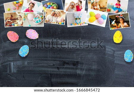 Easter background with blank photo frames, blue and white eggs, yellow tulips and gift box. Top view