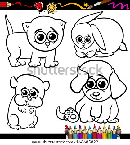 Coloring Book or Page Cartoon Illustration Set of Black and White Cute Baby Pets Animals Mascot Characters for Children