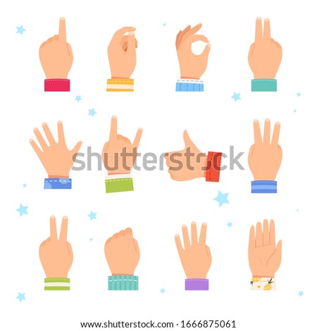 Set of children's hands showing different gestures. Children's hands in different poses, hold, point and count Royalty-Free Stock Photo #1666875061
