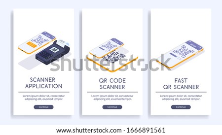 Scan qr codes and use barcode reader applications. Vector posters with isometric illustrations. Web site concept.