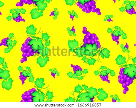 seamless pattern with wine motif. Grape with leaves in repeat pattern on yellow background.
