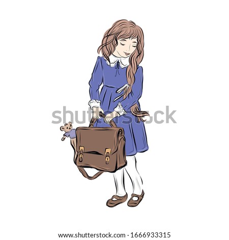Girl in school uniform holding briefcase from which teddy bear looks out. Student dressed in blue dress with white collar and cuffs in retro style.