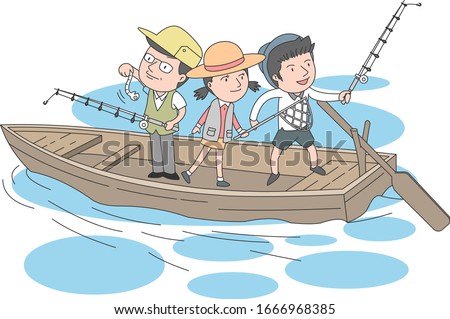 Illustration of dad and son enjoying fishing on wooden boat.