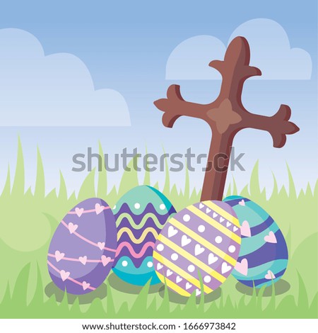 catholic cross with cute easter eggs over landscape background, colorful design, vector illustration