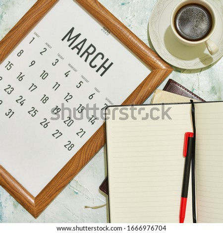 View from above to monthly March calendar