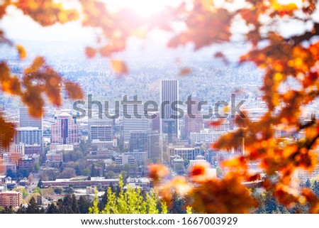 Portland downtown view from the Macleay park through autumn leaves branch