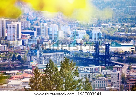 View on Steel Bridge from hill in Portland, from Macleay Park, Oregon, USA