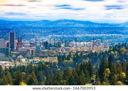 Panorama of Portland from Macleay Park and Pittock Mansion hill, Oregon, USA