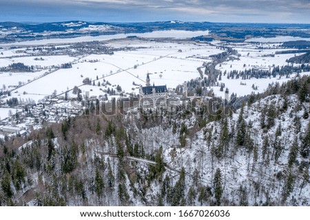 Aerial panorama of royal castle Neuschwanstein in Bavaria, Germany (Deutschland). The famous Bavarian place sign at winter day, Image of the huge size