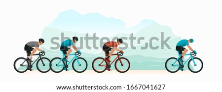 Cycling in nature. Cyclists chase the leader of the race. The head of the peloton. The cyclist looks back at the pursuers. Vector illustration. Royalty-Free Stock Photo #1667041627