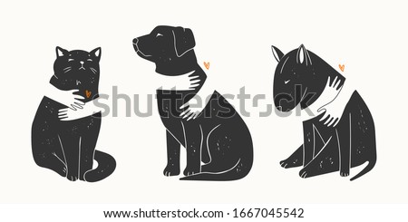 Adopt a Friend. Do not buy a Pet. Human hands are hugging Dogs and Cat. Animal care, adoption concept. Help the homeless animals find a home. Set of three Hand drawn Vector illustrations