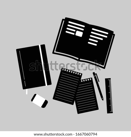 Flat design modern vector illustration concept of teamwork, Workplace Desktop background. Top view of table, notepad.