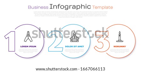 Set line Hands in praying position, Church building and Burning candle in candlestick. Business infographic template. Vector