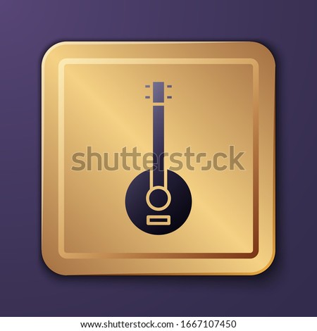 Purple Banjo icon isolated on purple background. Musical instrument. Gold square button. Vector Illustration