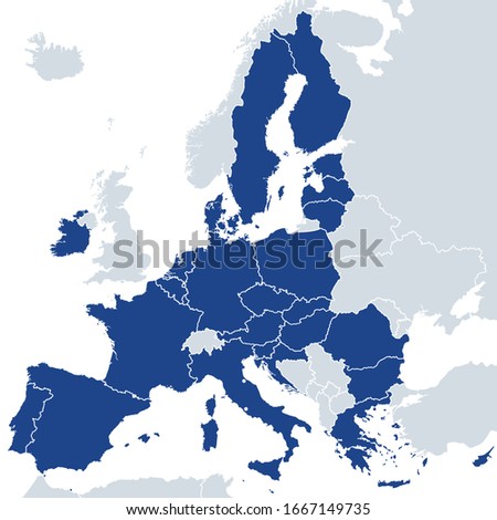 European Union member states after Brexit, political map. The 27 EU member states, after United Kingdom left in 2020. Special member state territories are not included in the map. Illustration. Vector Royalty-Free Stock Photo #1667149735