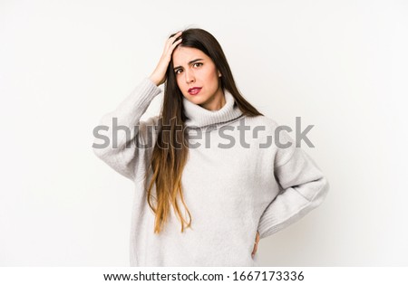 Young caucasian woman isolated on a white background tired and very sleepy keeping hand on head.