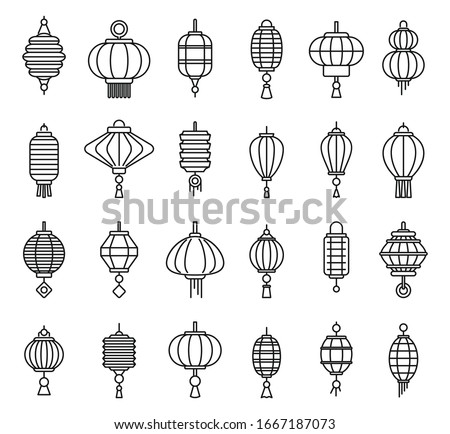 Street chinese lantern icons set. Outline set of street chinese lantern vector icons for web design isolated on white background