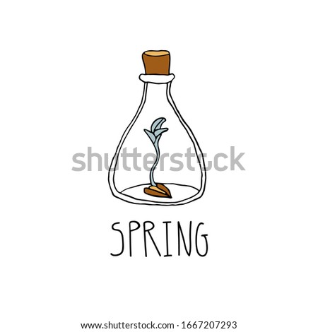 Germinated grain in a vintage bottle emblem. Hand drawn botanical vector illustration in doodle style. Floral drawing with lettering. Spring herbarium concept. Perfect for prints, cards