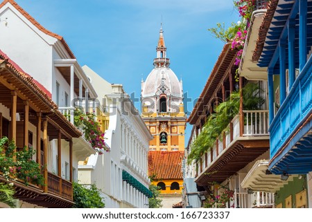 View of balconies leading to the stunning cathedral in Cartagena, Colombia Royalty-Free Stock Photo #166723337