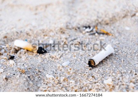Pollution of ashtray filled with garbage of dirty smoked cigarette stubs in sand, Selective Focus