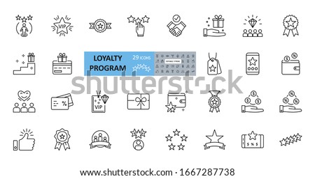 Loyalty program icons. 29 vector images in a set with editable stroke. Includes membership, reviews and likes, stars, loyalty card, percentage of discounts, gifts, diamonds, VIP status. Royalty-Free Stock Photo #1667287738