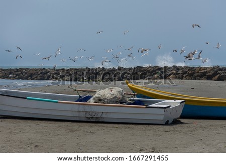 Boats achored in the Laguito beach sand against the caribbean seascape environment