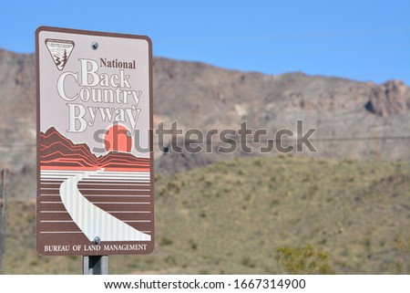 National Back Country Byway Sign on U.S. Route 66. Mohave County, Sonoran Desert, Arizona USA Royalty-Free Stock Photo #1667314900