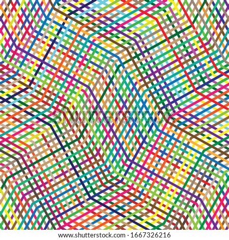 Colorful, vivid, vibrant grid of waving, wavy, curvy (zig-zag, criss-cross) lines. Irregular stripe with winding, squiggle, wiggle distortion effect.  Sinuous, billowy lines background, texture