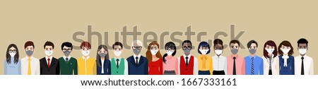 Cartoon character with people wearing face masks or medical masks, air pollution, contaminated air, world pollution, prevent disease, flu, gas mask, Corona virus. Flat vector illustration Royalty-Free Stock Photo #1667333161