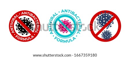 Antiviral antibacterial coronavirus formula vector icons. Coronavirus 2019 nCov, Covid 19 NCP virus stop signs, health protection, hand sanitizer labels Royalty-Free Stock Photo #1667359180
