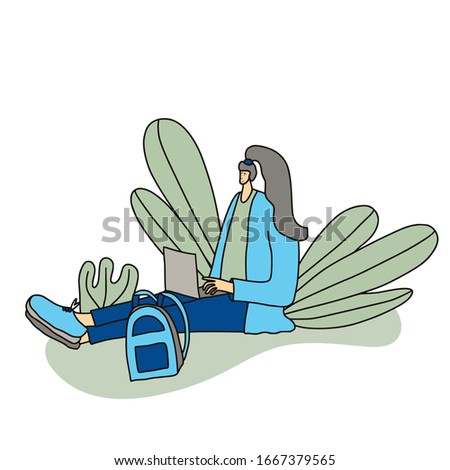 Female person sitting with laptop and working. Young freelancer doing her job in the park. Student preparing for an exam. Woman browsing on internet. Vector flat illustration.