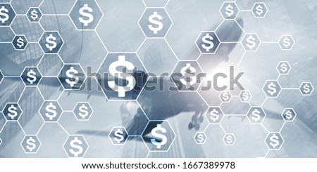 Dollars icons on virtual screen. Mixed Media Universal background. Investment exchange concept.