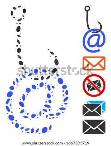 Dotted Mosaic based on email phishing malware. Mosaic vector email phishing malware is created with scattered elliptic dots. Bonus icons are added.