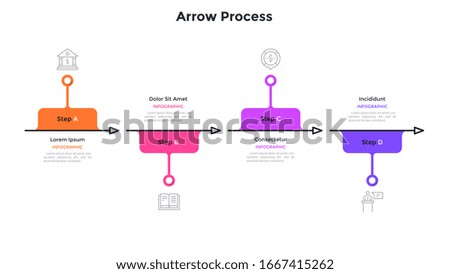 Flowchart with four arrows placed in horizontal row. Concept of 4 successive steps of business development process. Simple infographic design template. Modern vector illustration for presentation.