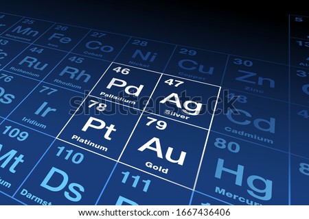 Precious metals on periodic table. Gold, silver, platinum and palladium, chemical elements with a high economic value, also used as currency. Symbols and atomic numbers. English illustration. Vector. Royalty-Free Stock Photo #1667436406