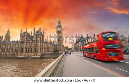 London. Wonderful sunset colors over city landmarks.