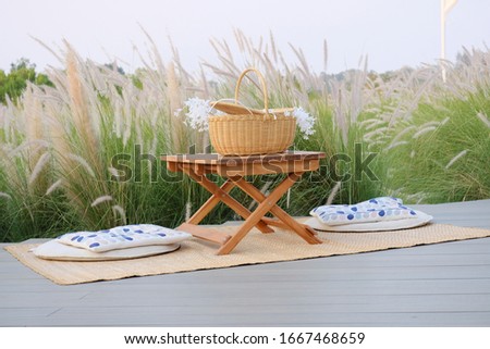 Relax time in beautiful nature with siting space, Table and chairs sit on the floor, Outdoor garden design and decoration - Image
