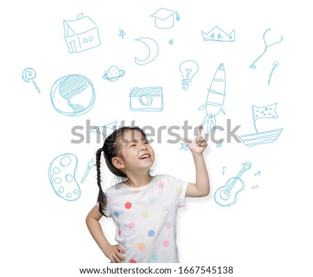 Asian child girl pointing at the isolate white background with imagination the doodle art, Creative and dreams of childhood concept