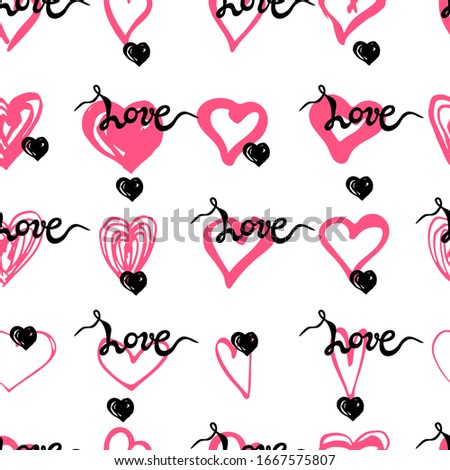 Seamless pattern with handwritten word Love, hand drawn style hearts. Vector illustration for textiles and fabrics, wallpapers, Happy St Valentine's day.