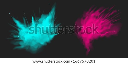 Holi paint powder color explosion realistic vector illustration. Blue and pink dust splash, spring holiday paint burst isolated on transparent, decorative element for indian fest Royalty-Free Stock Photo #1667578201