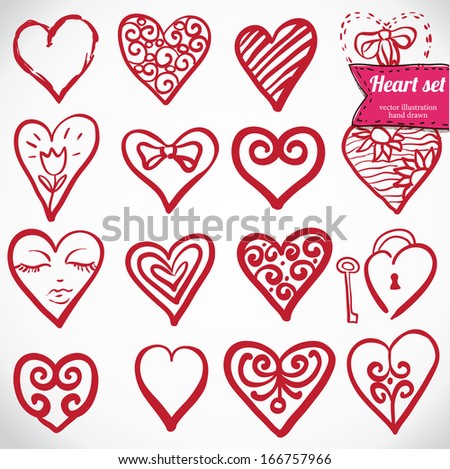 Vector illustration of different hearts hand drawn, doodle set isolated,