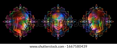 Heads of the Lord Buddha in full face and profile on a multicolor psychedelic background. Collage, digital art. Can be used for printing onto fabric and yoga mat. Royalty-Free Stock Photo #1667580439