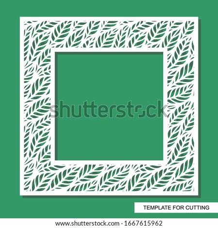 Photo frame with floral ornaments. Square shape with leaves. White object on a green background. Template for laser cutting, metal engraving, wood carving, paper cut and printing. Vector illustration.