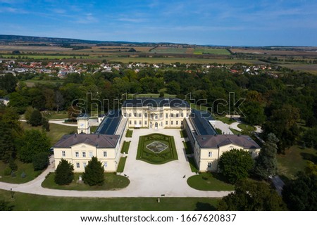 Karolyi Palace, Hungary, aerial drone stock photo. 