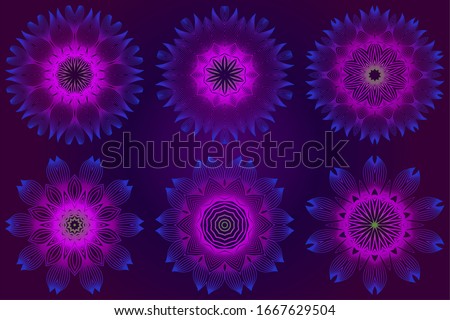 Set of purple color Floral Mandala. Arabic, Indian, Motifs.  Illustration