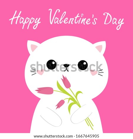 Happy Valentines Day. Cute cat kitten holding tulip flower bouquet. Kawaii kitty animal. Cartoon funny baby character. Kids print. Love card. Scandinavian style. Flat design. Pink background