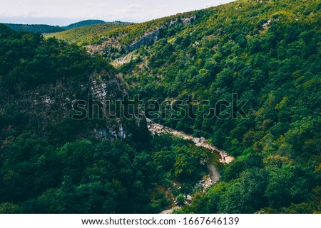 Mountain landscape of Svaneti. Mountain river, hills covered green trees on snowy rocky mountains background. Caucasus. Amazing view on wild georgian nature.